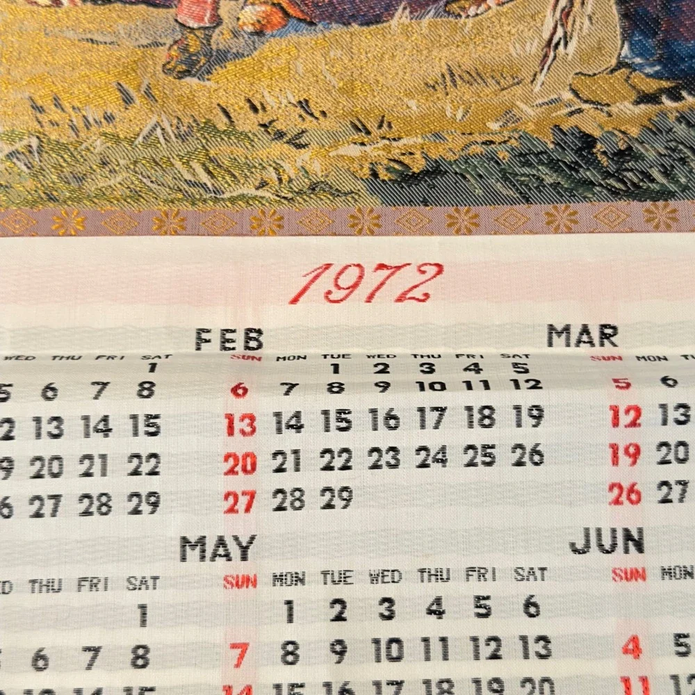 Vintage 1972 Asian Silk Woven Scroll Calendar The Gleaners Tapestry Wall Hanging